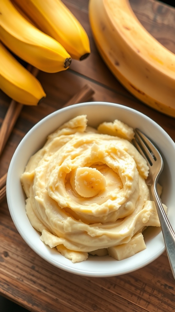 A bowl of smooth mashed bananas with a fork, surrounded by whole bananas on a wooden countertop.